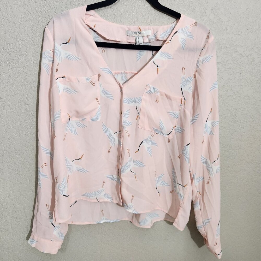 Forever 21 Button Down Blouse Womens Medium Crane Print Long Sleeve